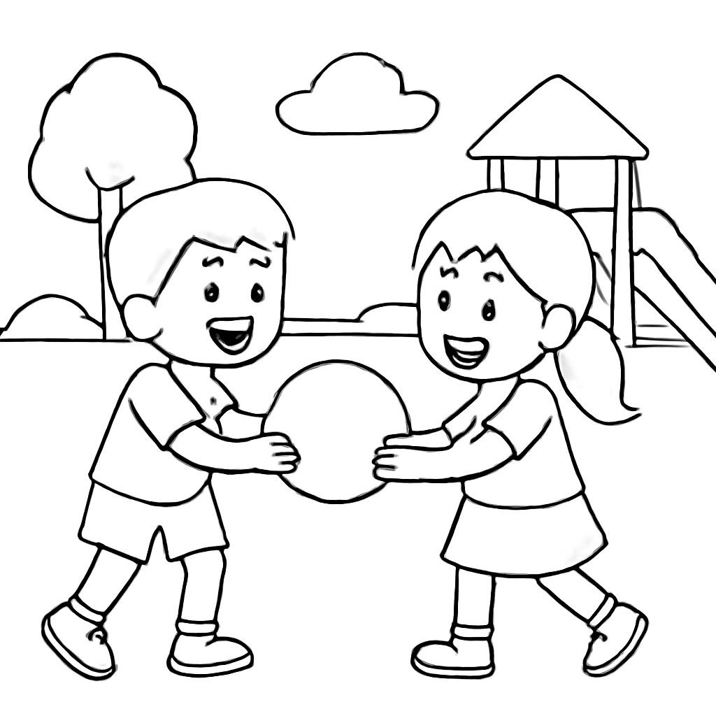 Black-and-white contour coloring page for children aged 6-7: one large clear central scene of two smiling children taking turns with one shared ball on a playground, both children look happy and friendly, simple bold clean outlines, no shading, no text, no labels, no visual clutter.