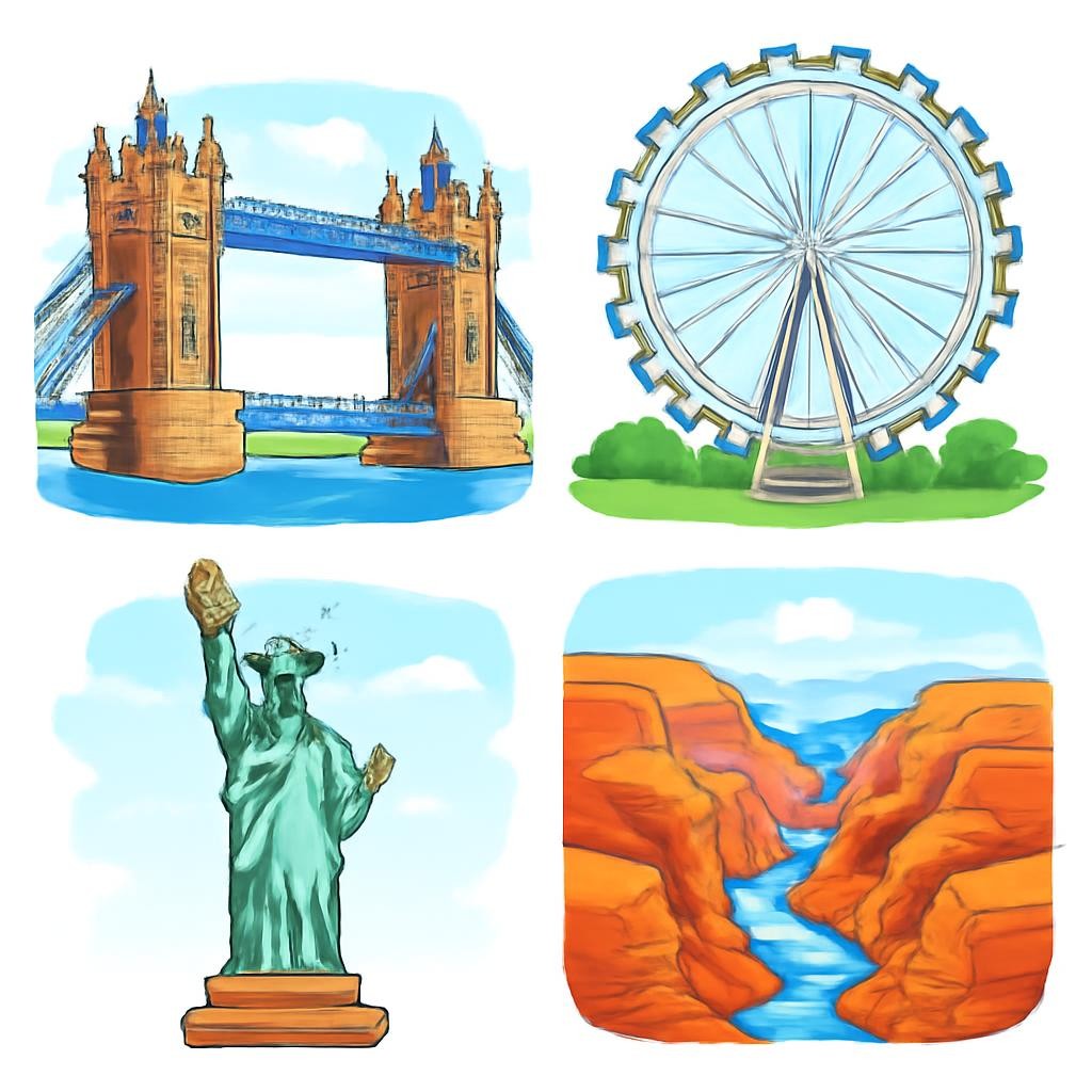 A 2x2 grid with four famous landmarks from the United Kingdom and the USA.