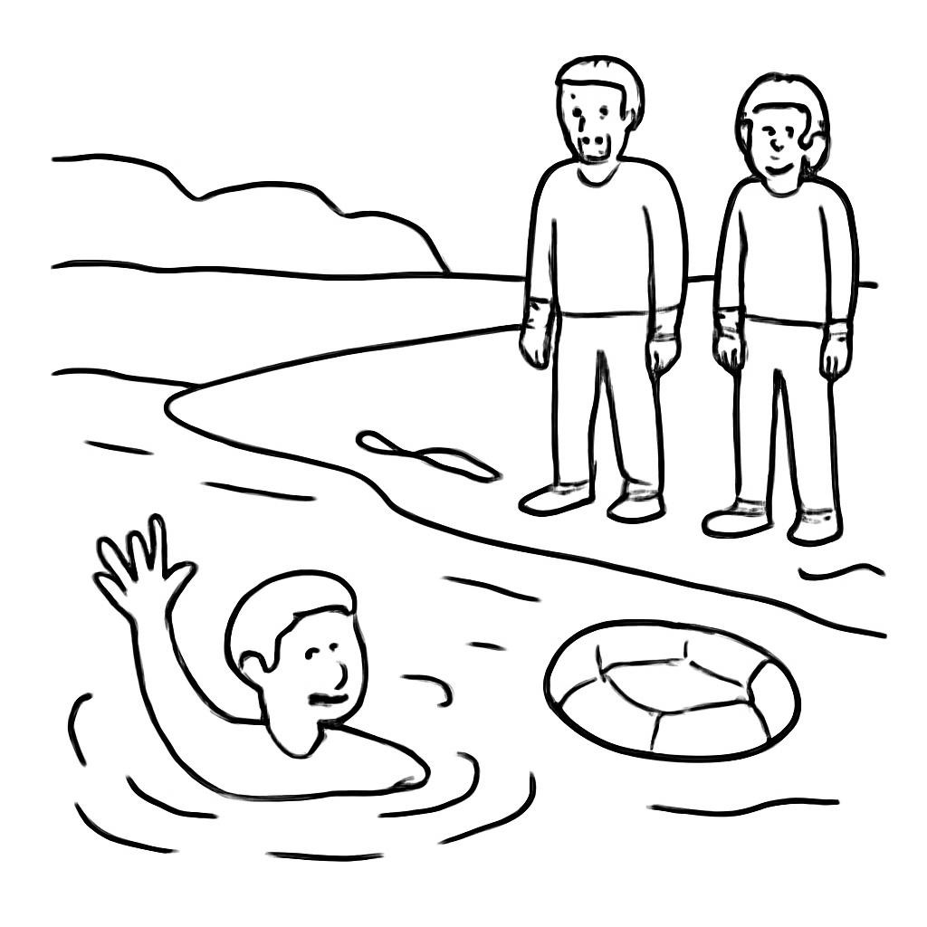 Человек зовёт на помощь у водоёма