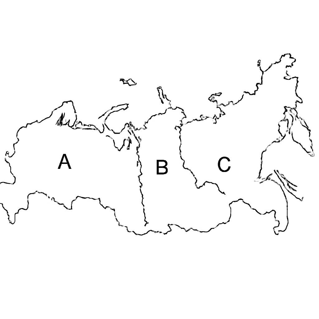 Чёрно-белая контурная схема трёх соседних часовых зон России.