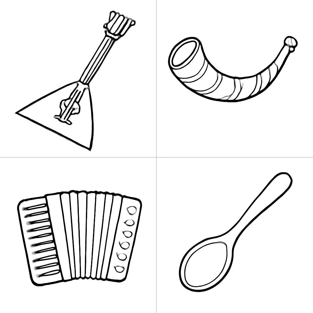 Black-and-white friendly children's illustration: a 2x2 grid of four distinct objects, one object per equal cell, clean simple contours, no text, no labels, no frames, no shading, plain white background. Place a balalaika in the upper-left cell, a wooden horn in the upper-right cell, an accordion in the lower-left cell, and a wooden cooking spoon in the lower-right cell. Objects are large, clear, and easy for a child to recognize.