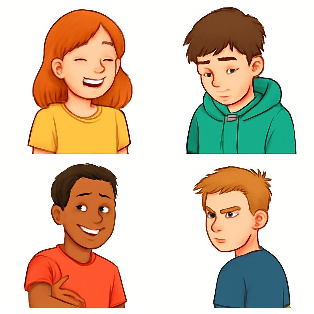 Four people showing different character traits