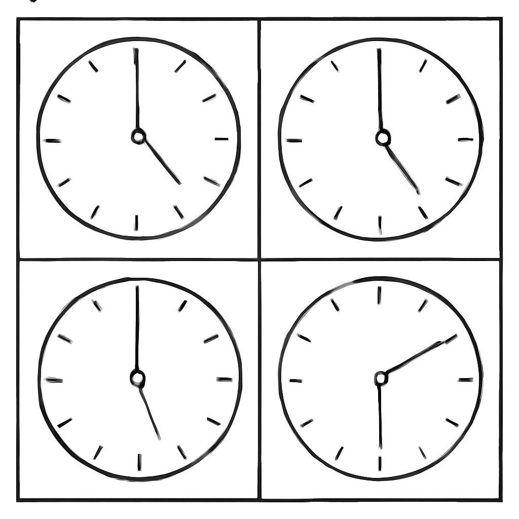 Four analogue clocks showing different times