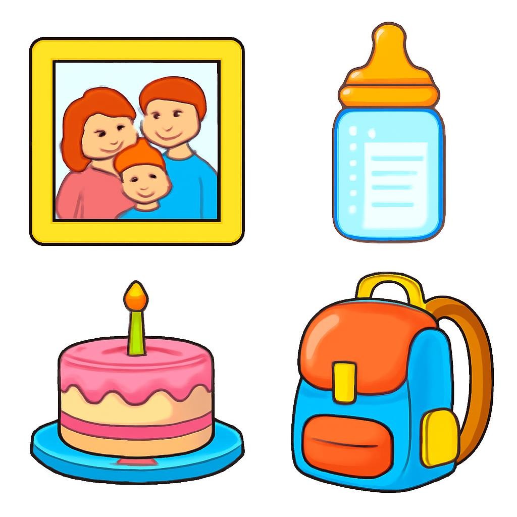 Four family-related objects and one school object in a 2x2 grid