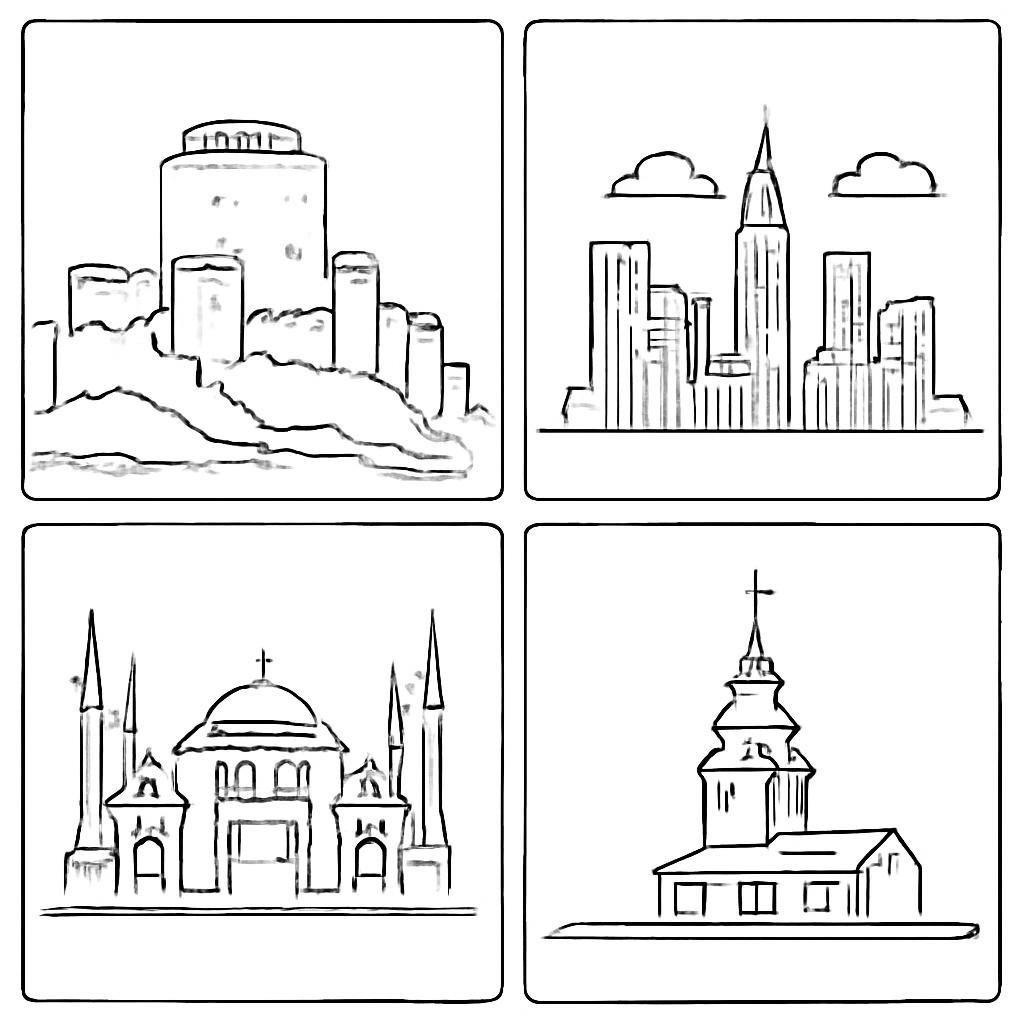 Четыре вида города: старинная крепость, современный деловой центр, музей, башня над водой.