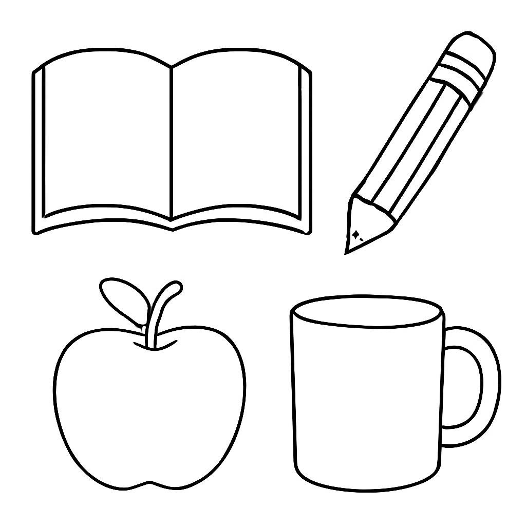 Контурный рисунок книги, карандаша, яблока и чашки