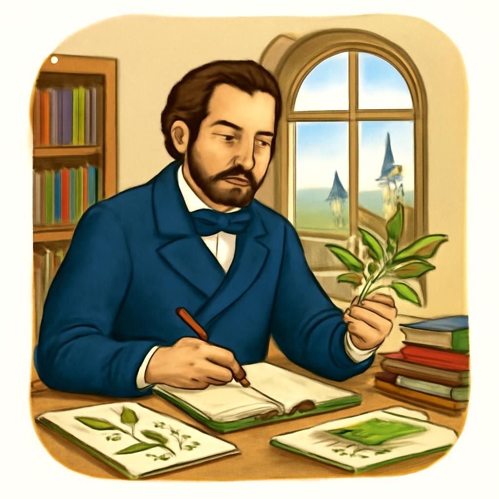 Историческая сцена с учёным-врачом, книгами, гербарием и видами Казани