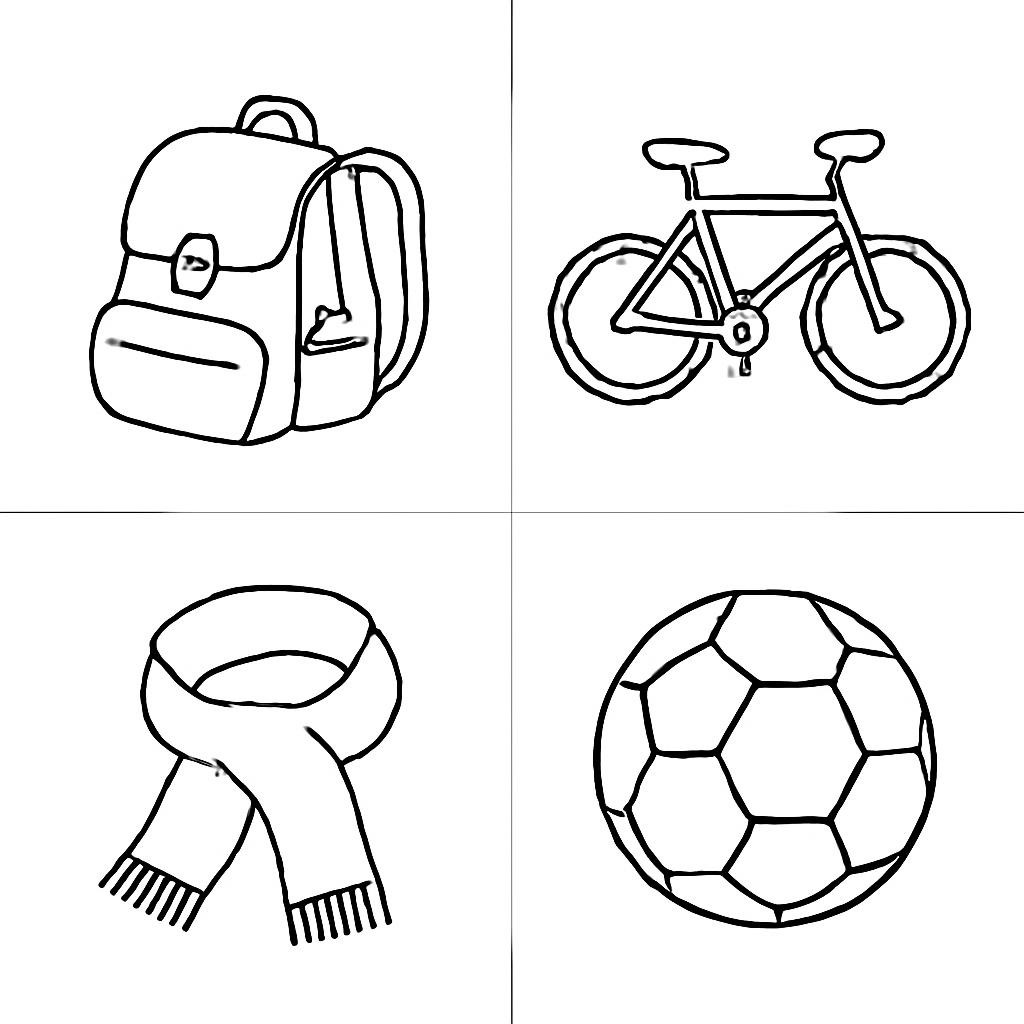 Four objects showing ownership: a schoolbag, a bicycle, a scarf and a football.