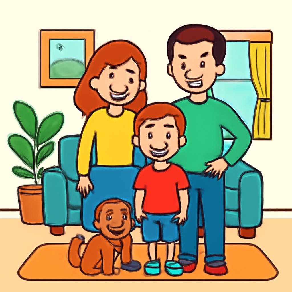 A happy family scene with four distinct objects