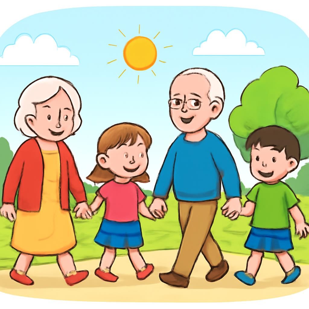 Four smiling family members in a park