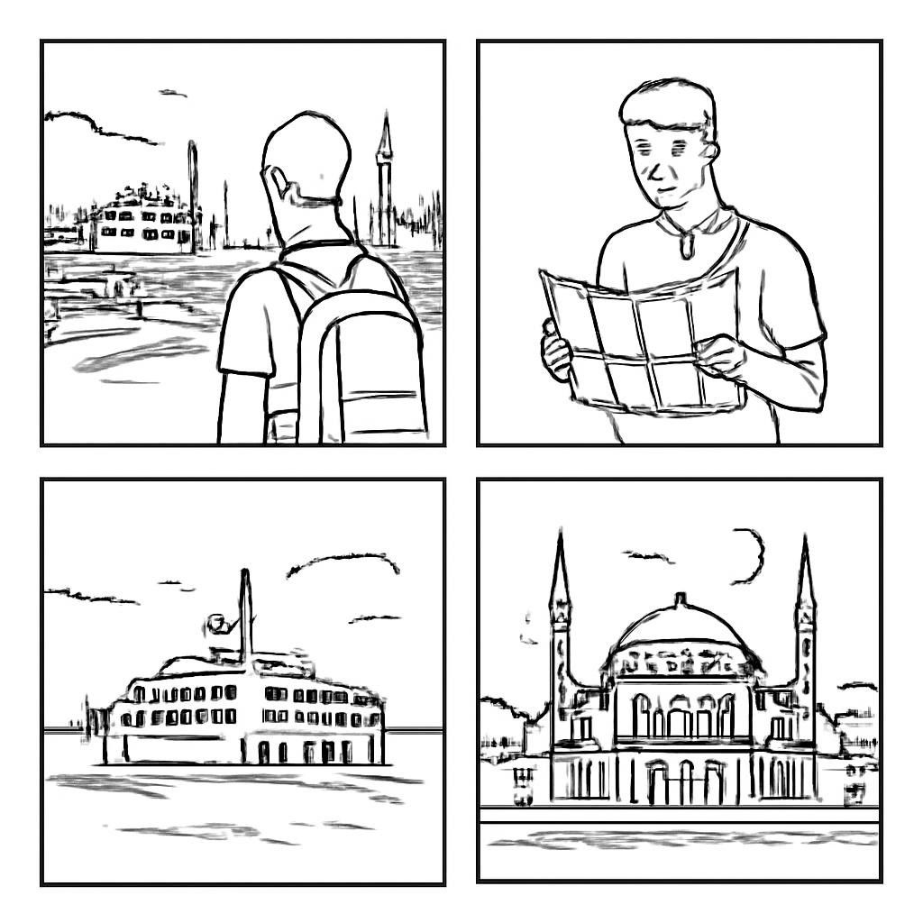 Четыре впечатления от поездки: панорама города, турист с картой, паром на воде, освещённый дворец.