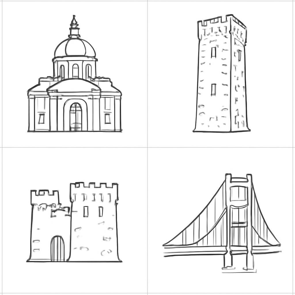 Четыре объекта: купольная церковь, башня, крепость и исторический мост.