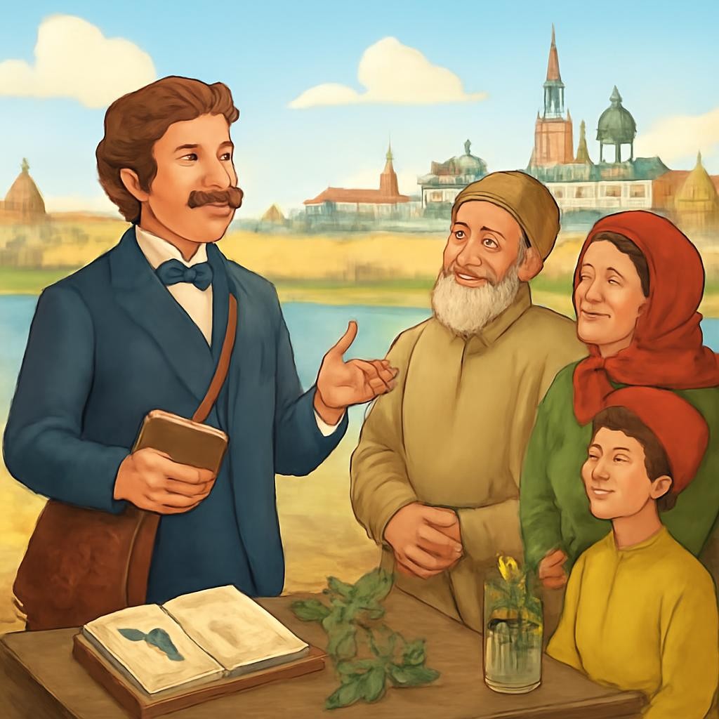 Учёный XIX века беседует с жителями Казани и изучает природные образцы