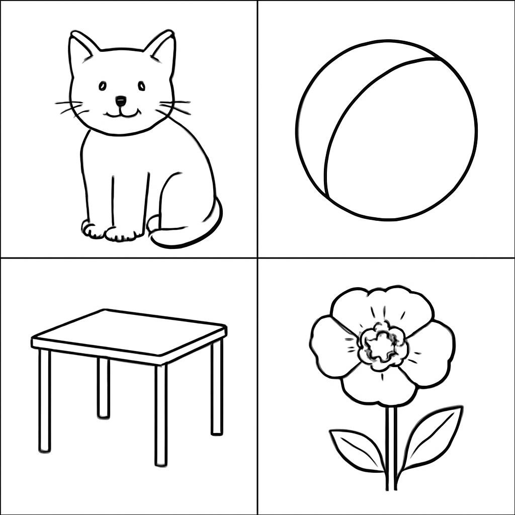 Четыре предмета: кот, мяч, стол и мак.