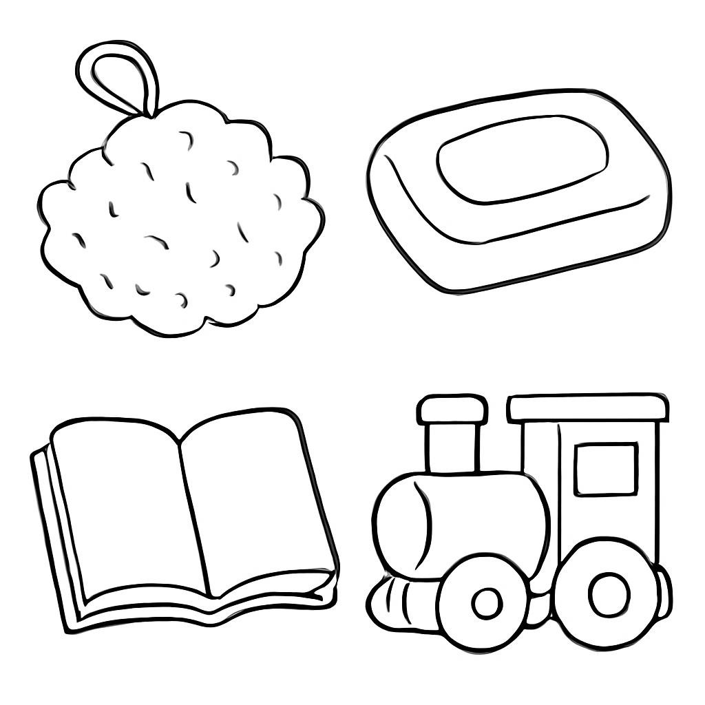 Контурные изображения мочалки, мыла, книги и игрушечного паровоза.