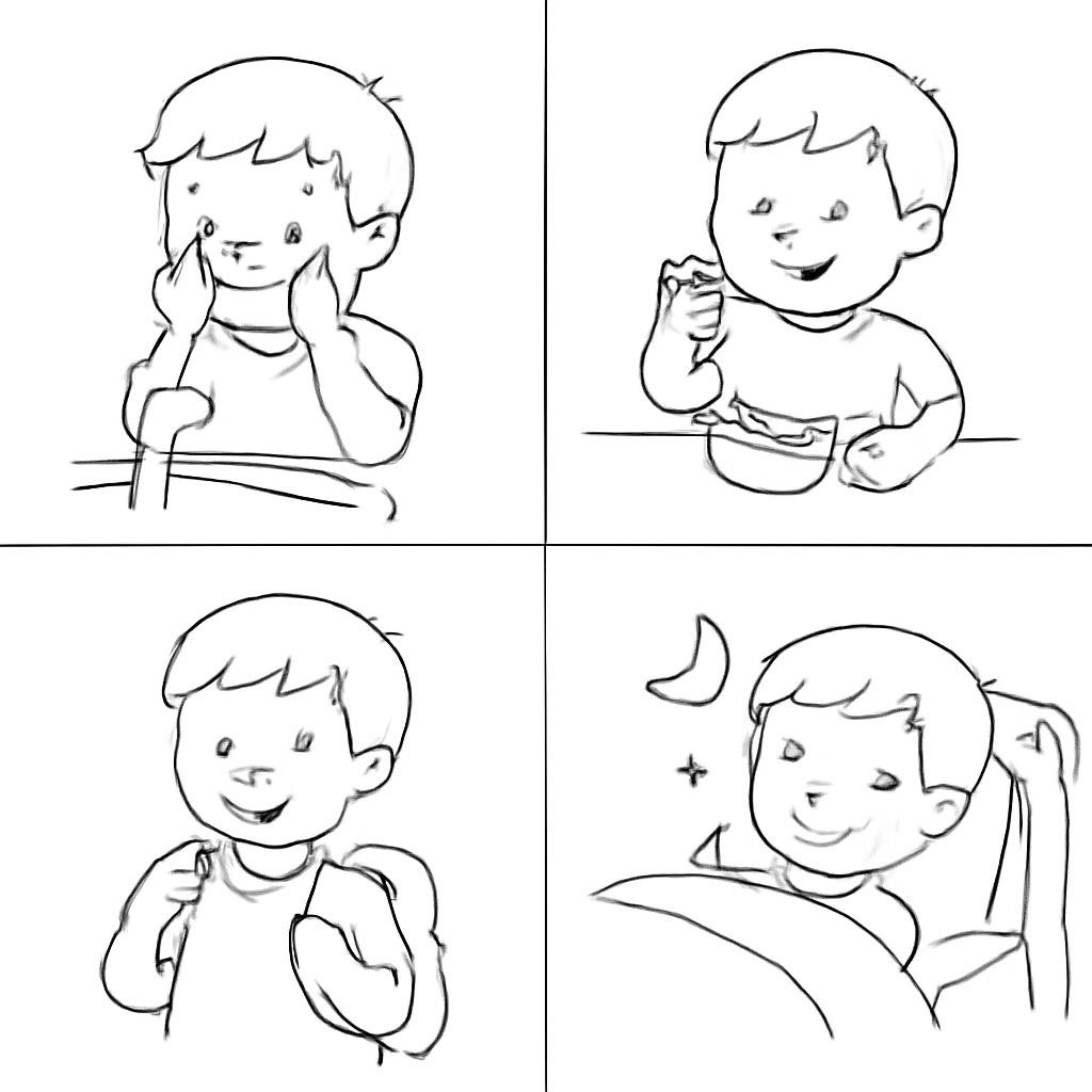 Сетка из четырёх сценок режима дня.