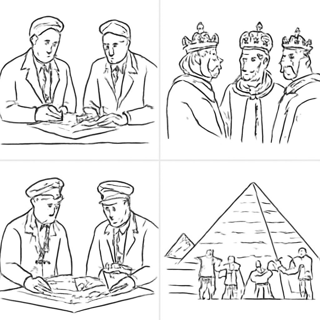 Сетка из четырёх чёрно-белых контурных исторических сцен