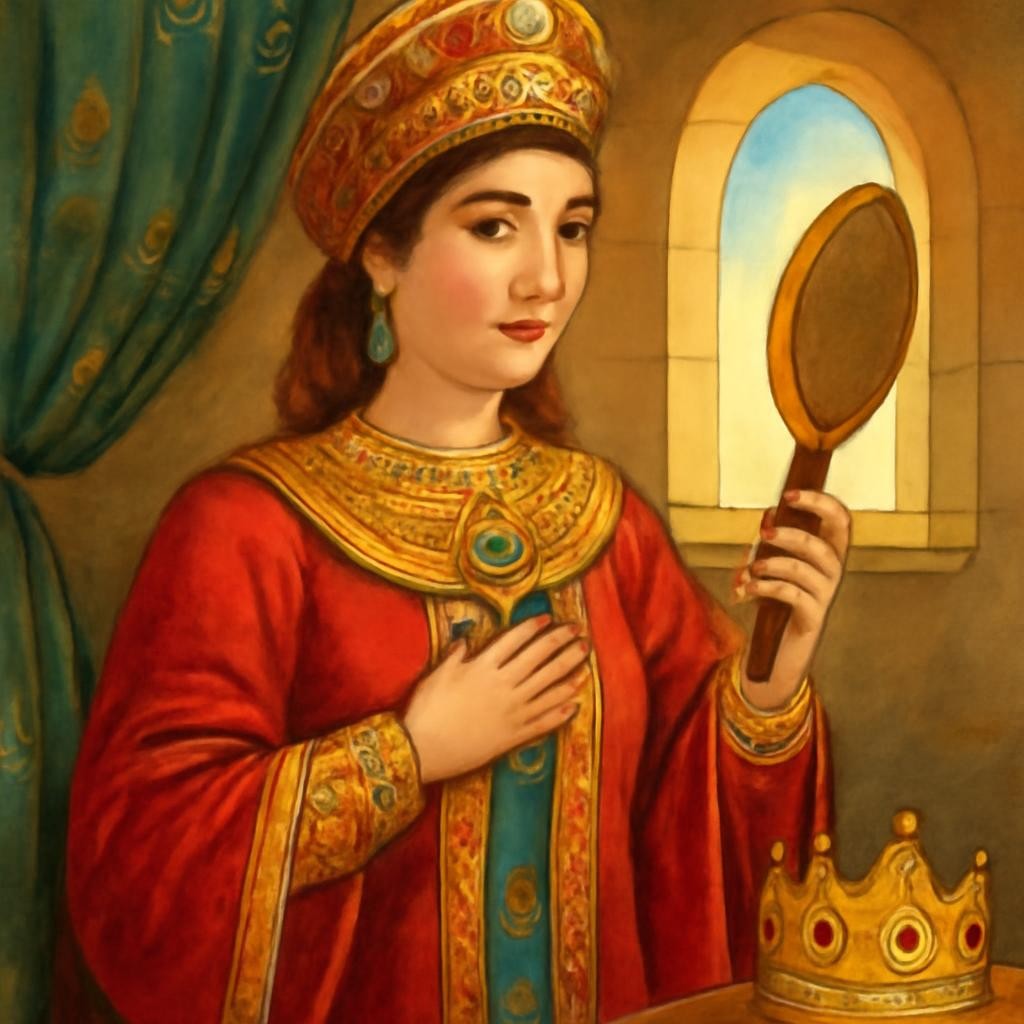 Царица смотрится в зеркало, рядом лежит корона.