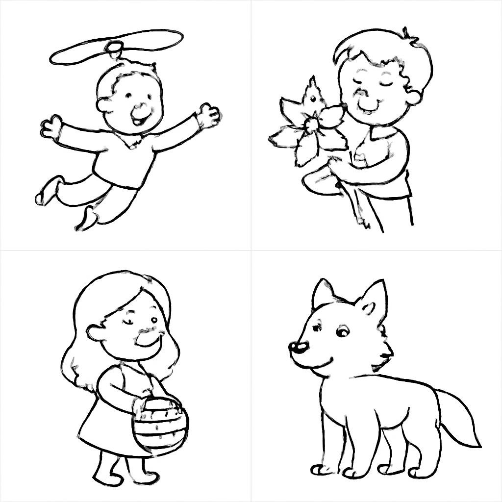 Сетка из четырёх детских контурных иллюстраций