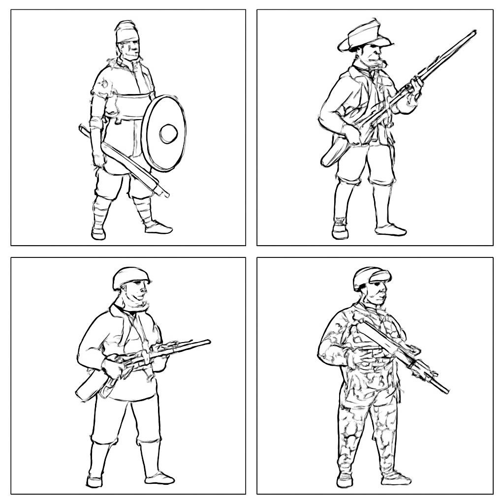 Контурная сетка из четырёх изображений военной истории