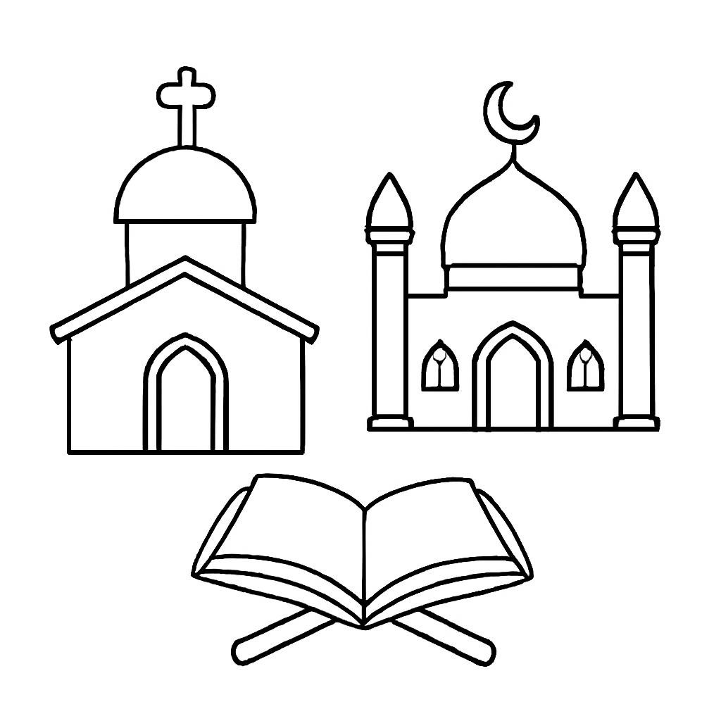Контурные изображения религиозных зданий и книги