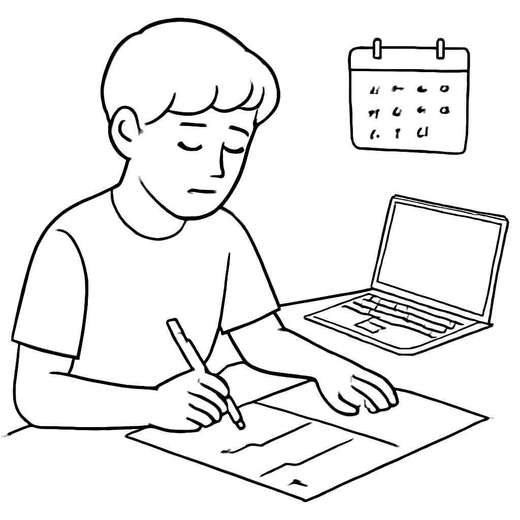 Ученик планирует проект за столом, рядом расположены лист с этапами работы, календарь и карандаш.