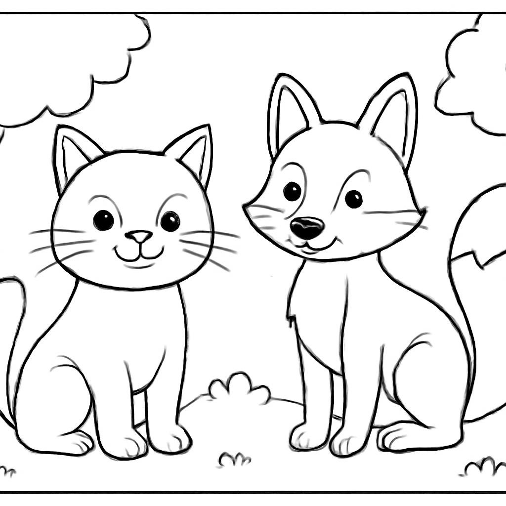 Контурный рисунок кота и лисы
