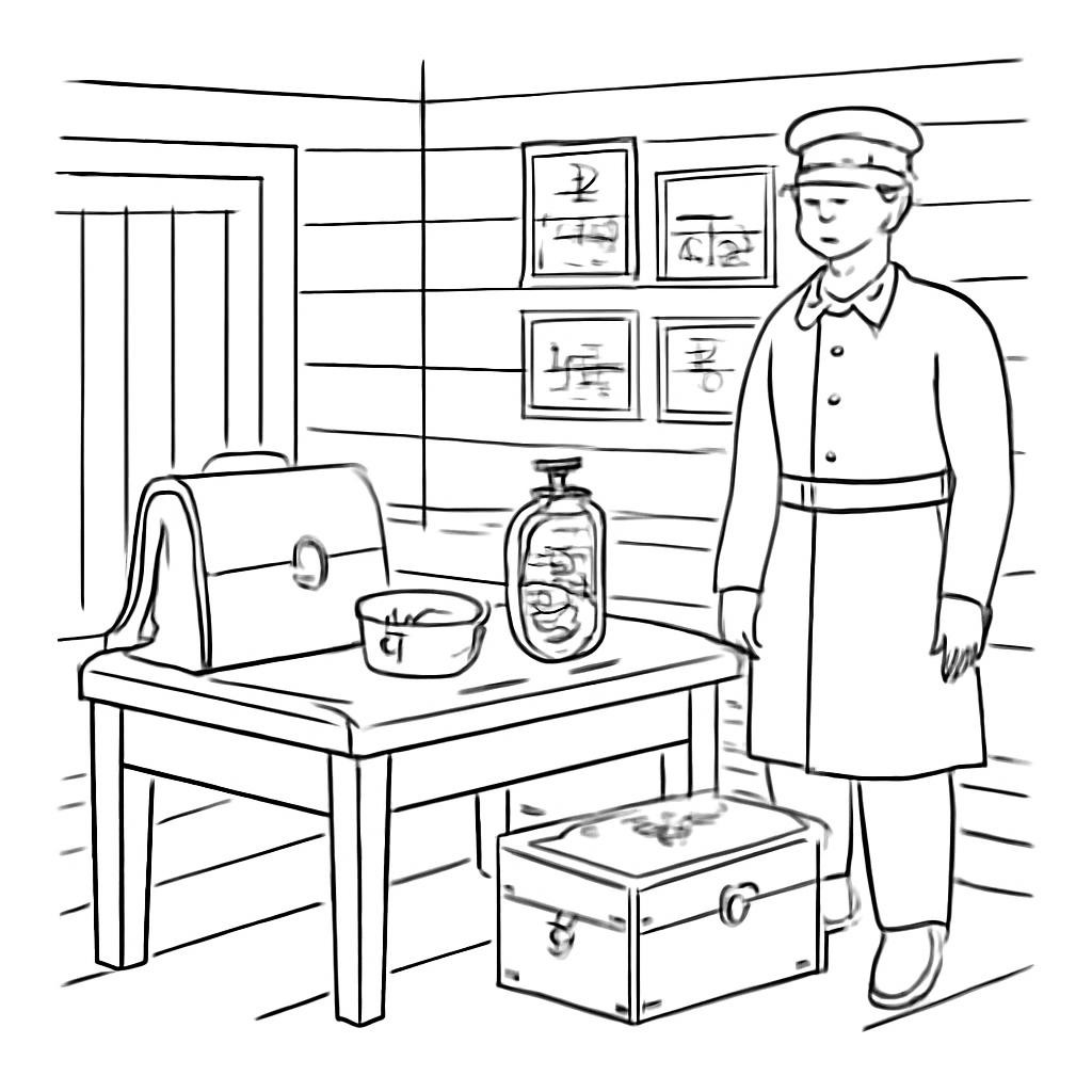Чёрно-белая контурная иллюстрация комнаты станционного смотрителя: стол, дорожные вещи и картины на стене.