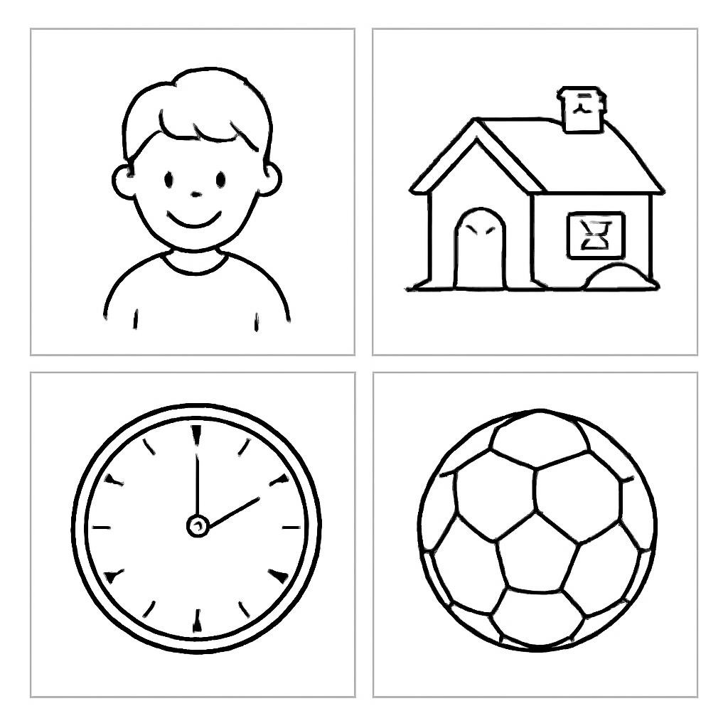 Four simple scenes: a child, a house, a clock, and a ball.