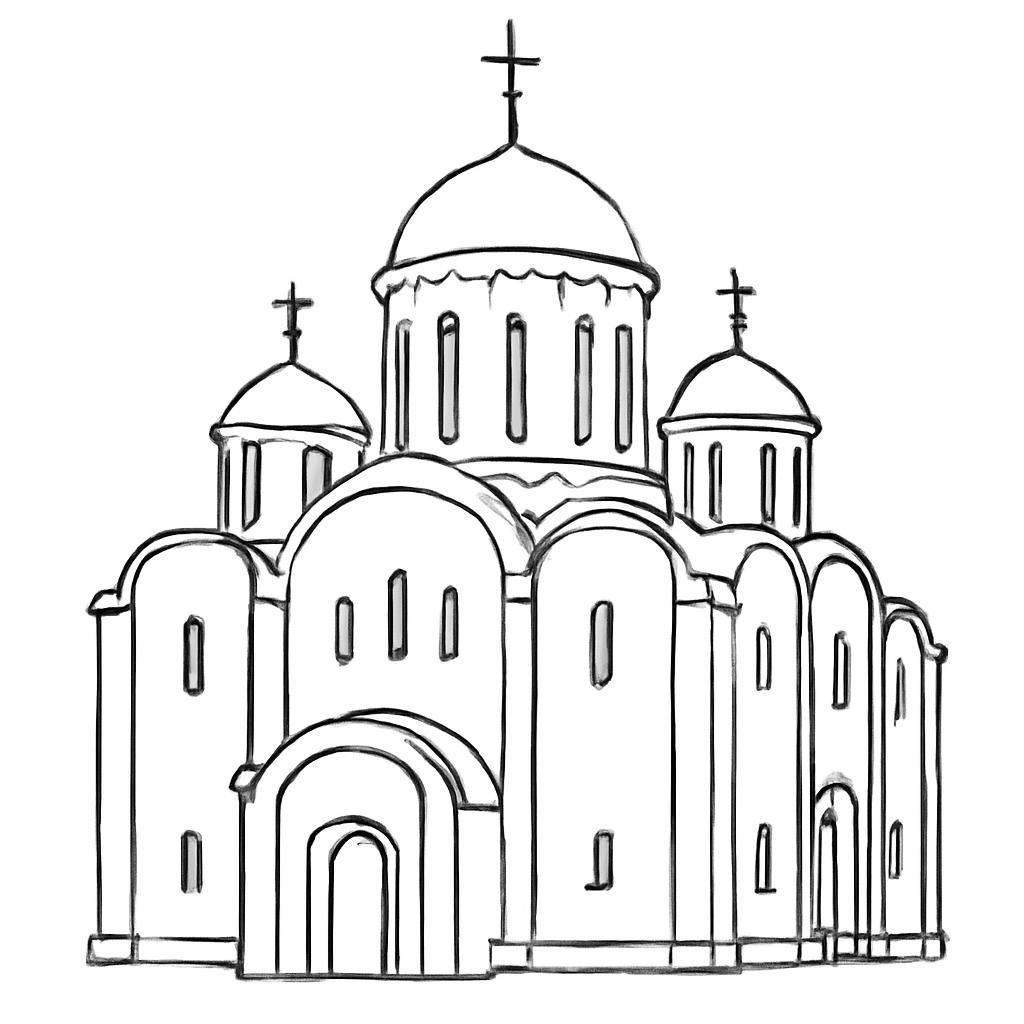 Контурное изображение древнерусского каменного храма с куполами
