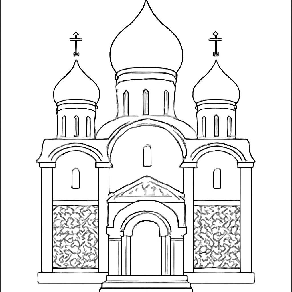 Контурное изображение древнерусского собора с мозаичным внутренним убранством