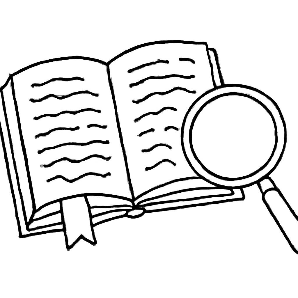 Контурная иллюстрация раскрытой книги с закладкой и лупой рядом; текст на страницах неразборчив.