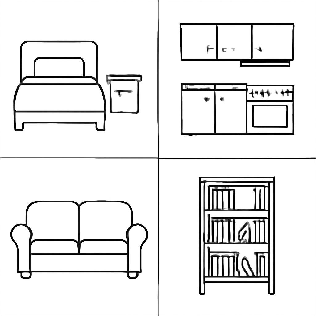 A grid of four Minecraft-style room and furniture objects without labels.