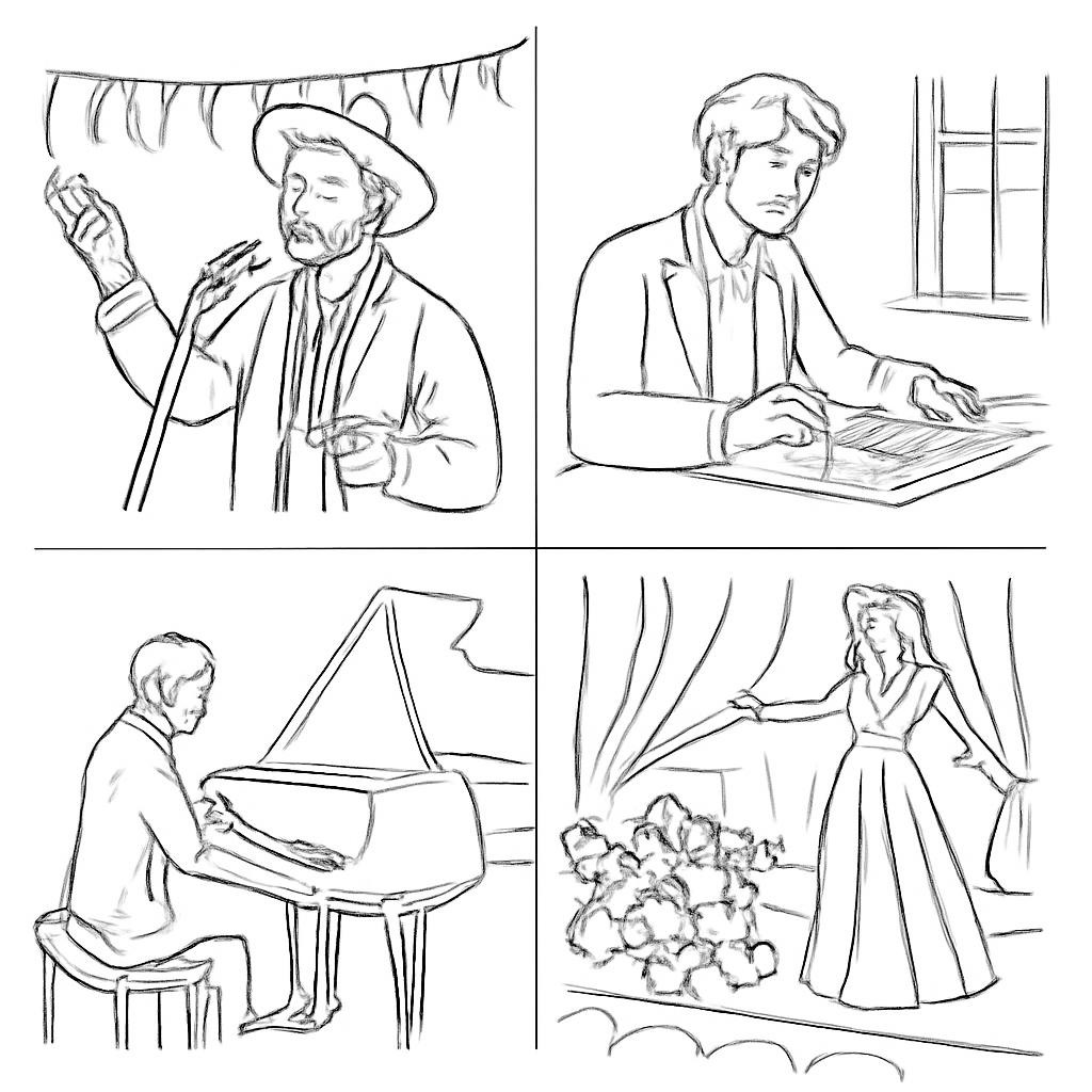 Чёрно-белая контурная сетка из четырёх музыкальных сцен