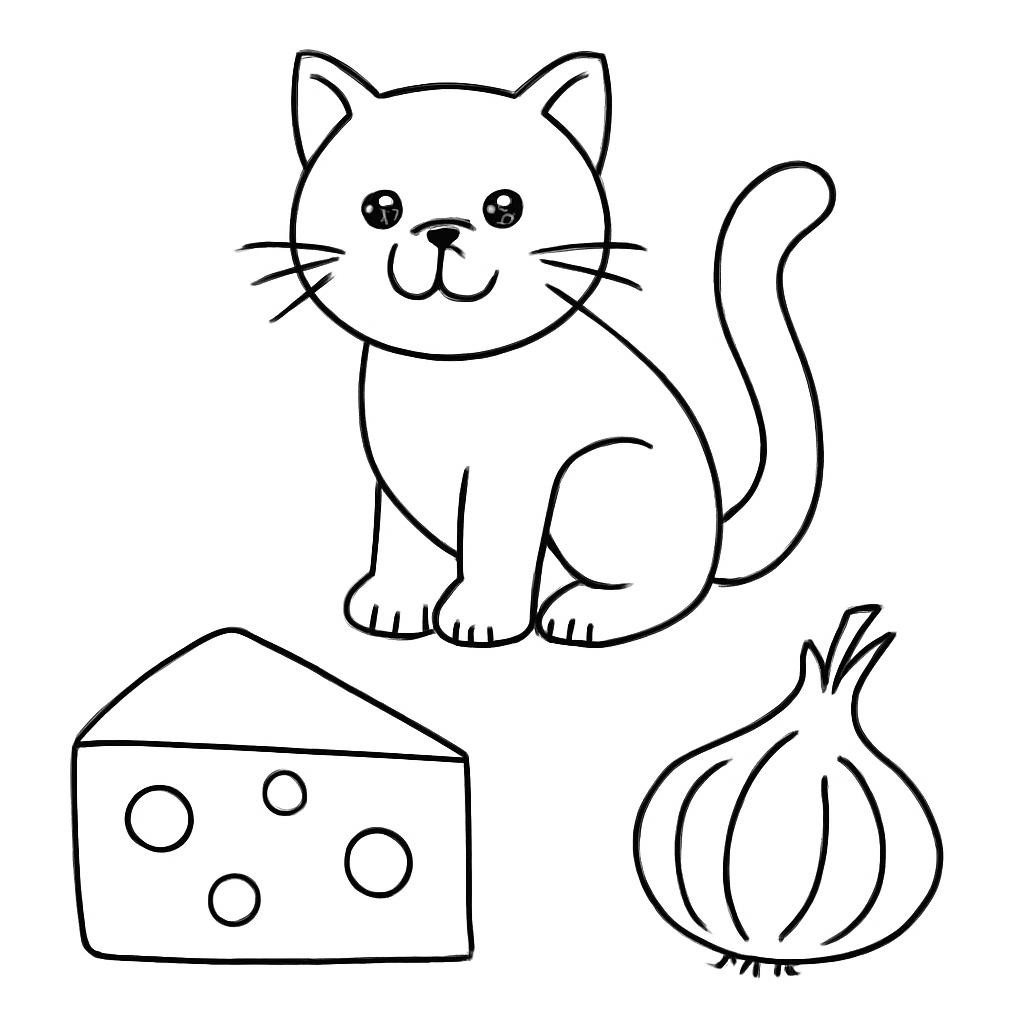 Кот, сыр и лук — чёрно-белые контурные рисунки.