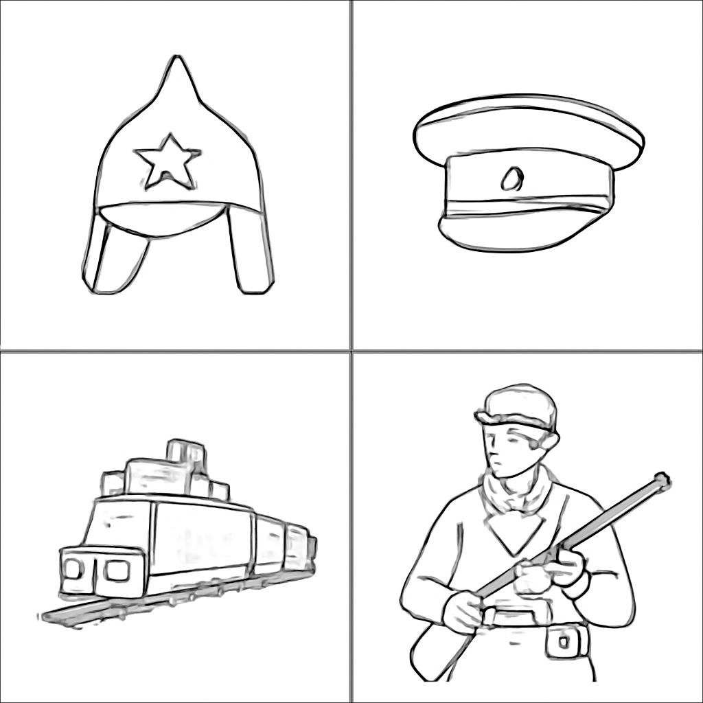 Сетка из четырёх контурных изображений исторических символов эпохи Гражданской войны