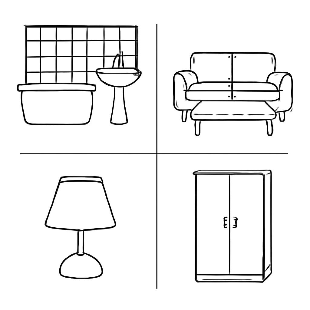 A grid of four Minecraft-style rooms and furniture objects without labels.