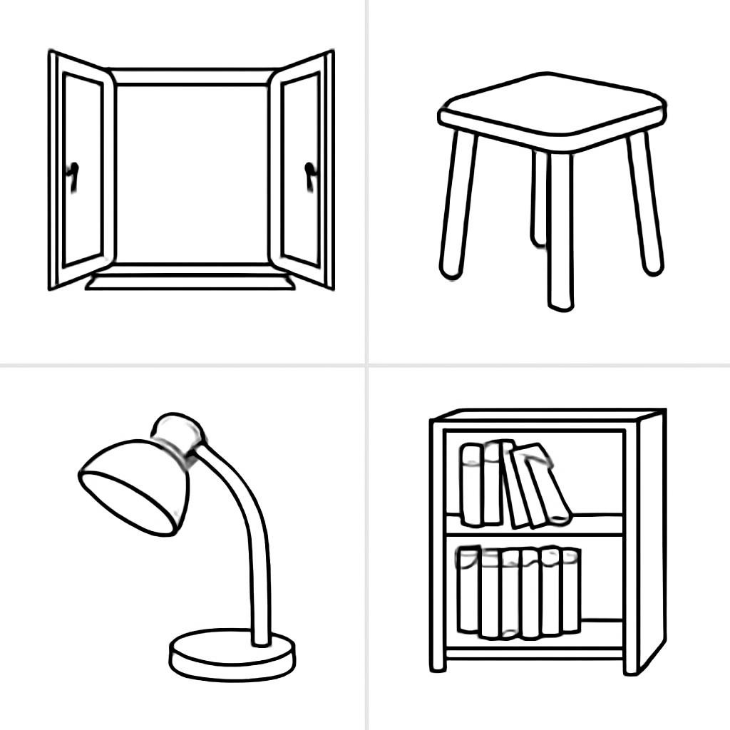 Четыре контурных предмета: открытое окно, табурет, настольная лампа, книжная полка.