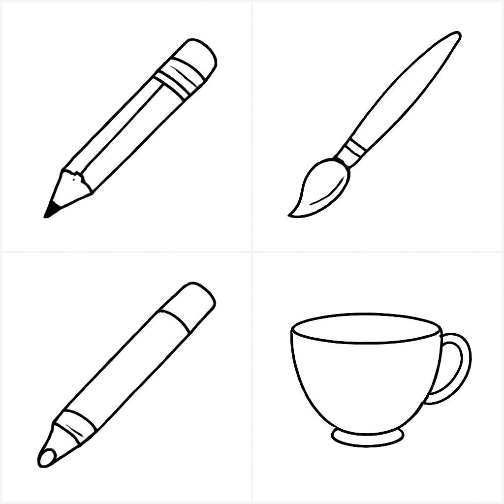 Сетка из карандаша, кисти, фломастера и чашки