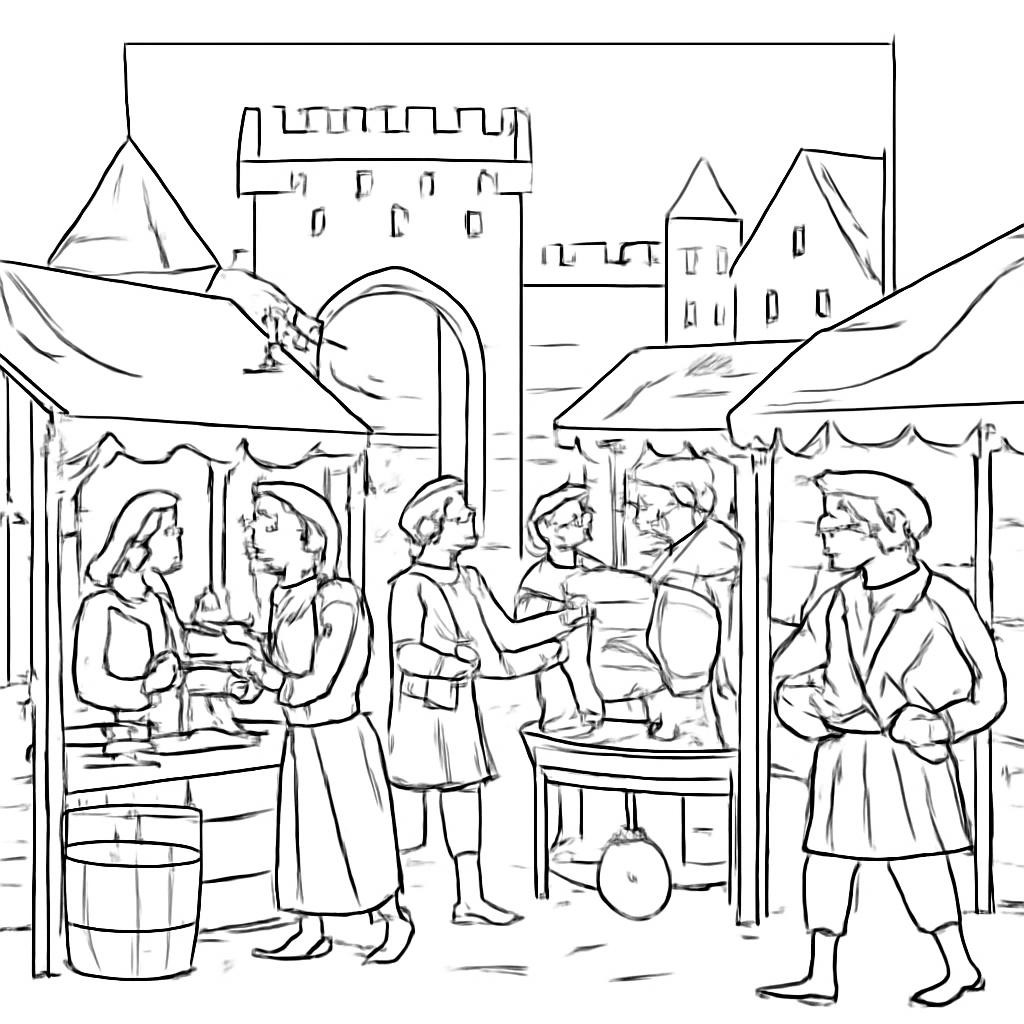 Контурная иллюстрация средневековой ярмарки с торговыми рядами и купцами.