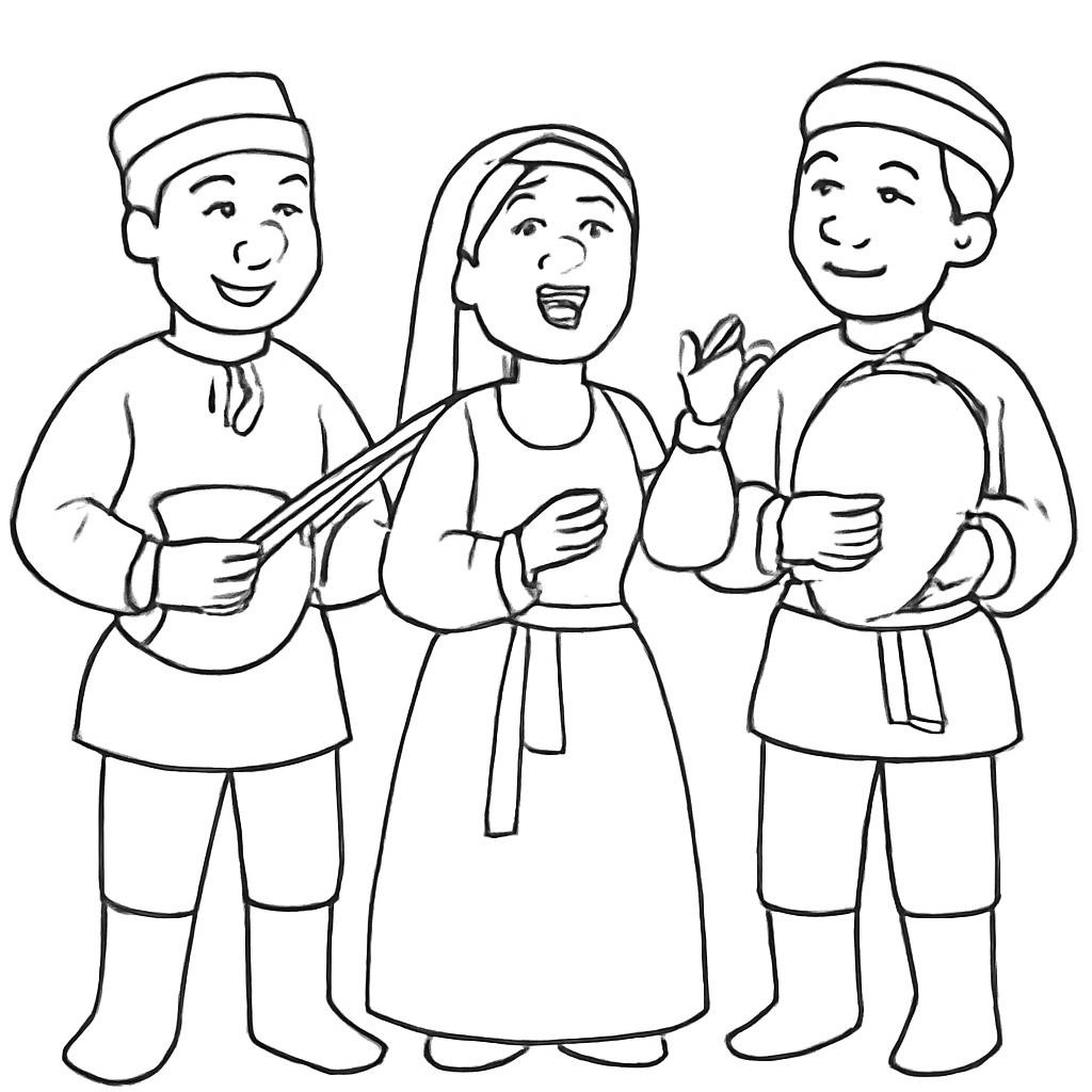 Контурная сцена с певцом и двумя музыкантами.