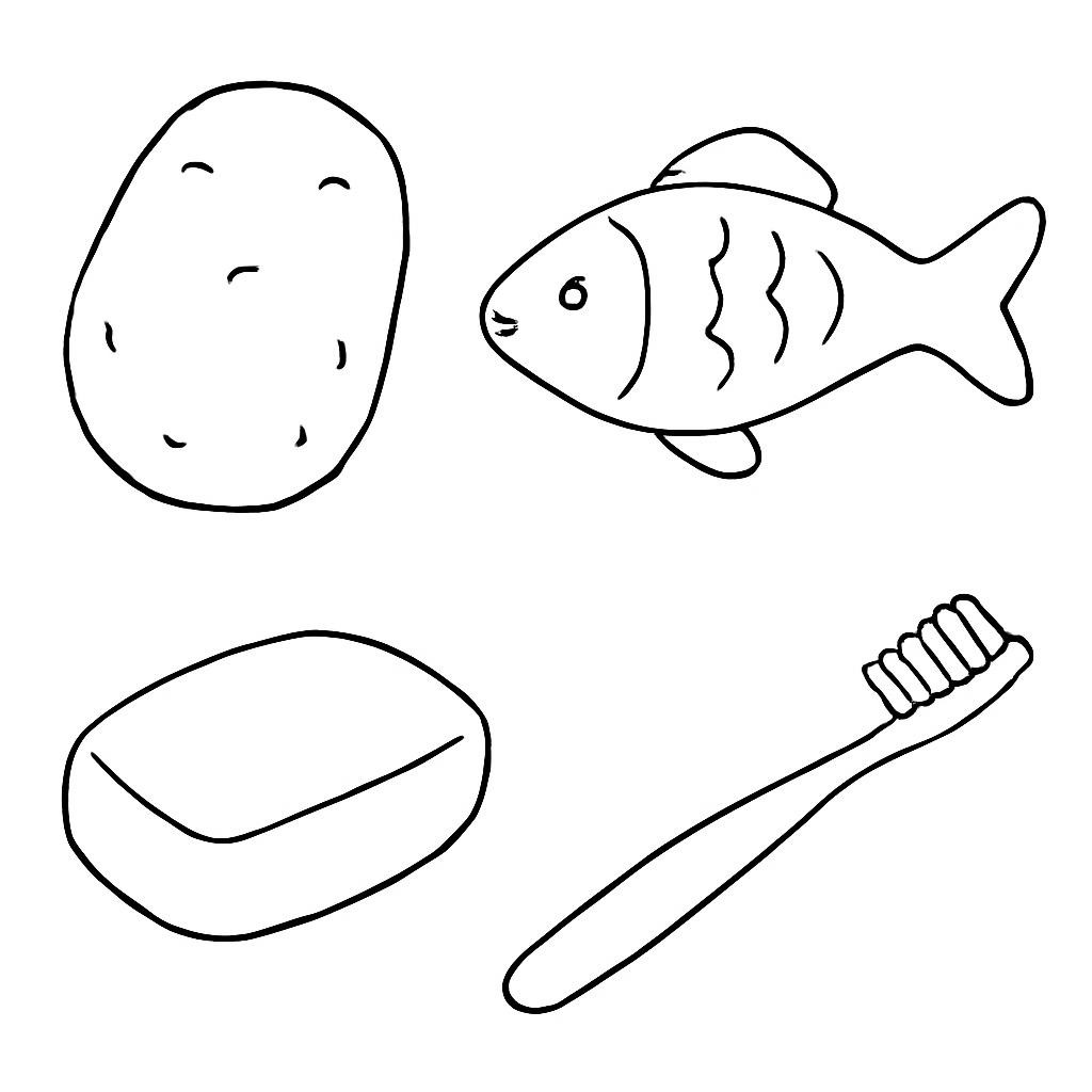 Контурные рисунки картофеля, рыбы, мыла и щётки.