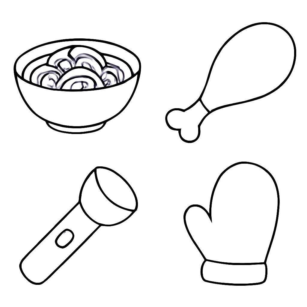 Контурные рисунки макарон, куриной ножки, фонарика и перчатки.