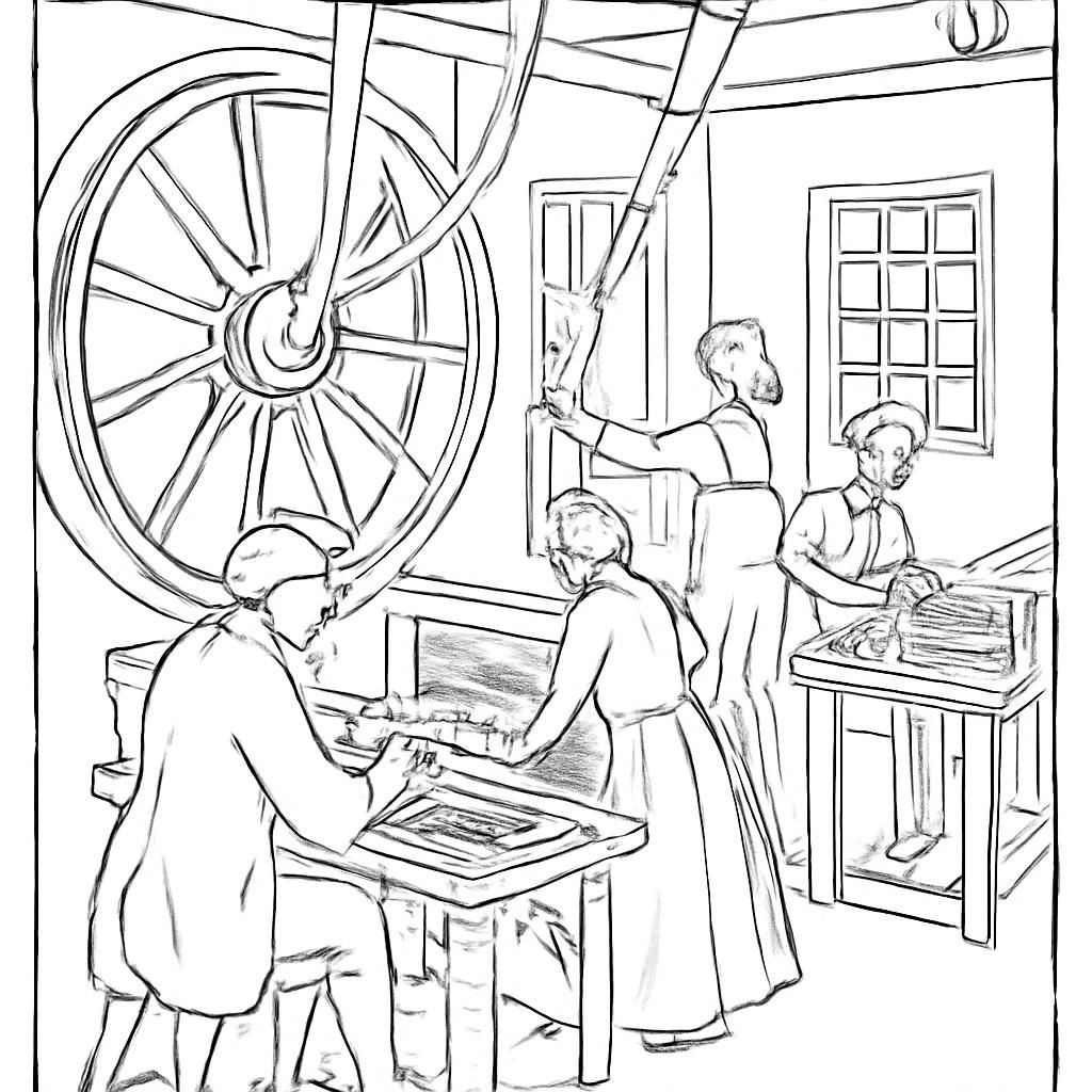 Контурная сцена с интерьером ранней фабрики и рабочими у машин