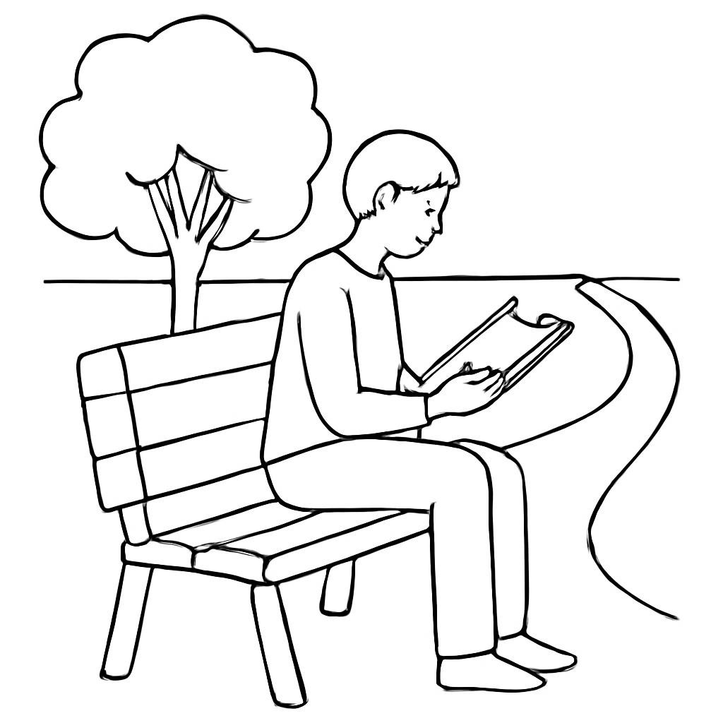 Контурная иллюстрация человека, читающего книгу в парке.