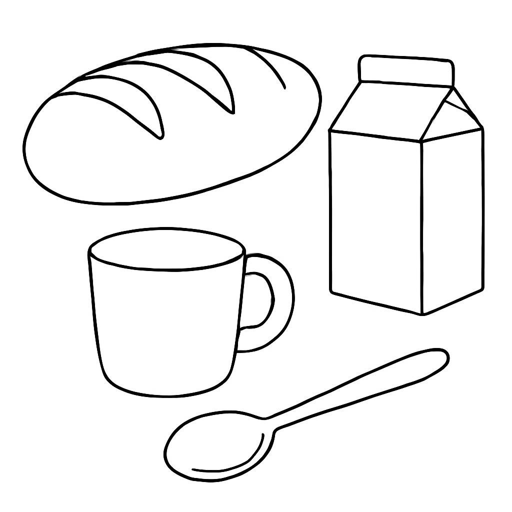 Контурные рисунки хлеба, молока, чашки и ложки.