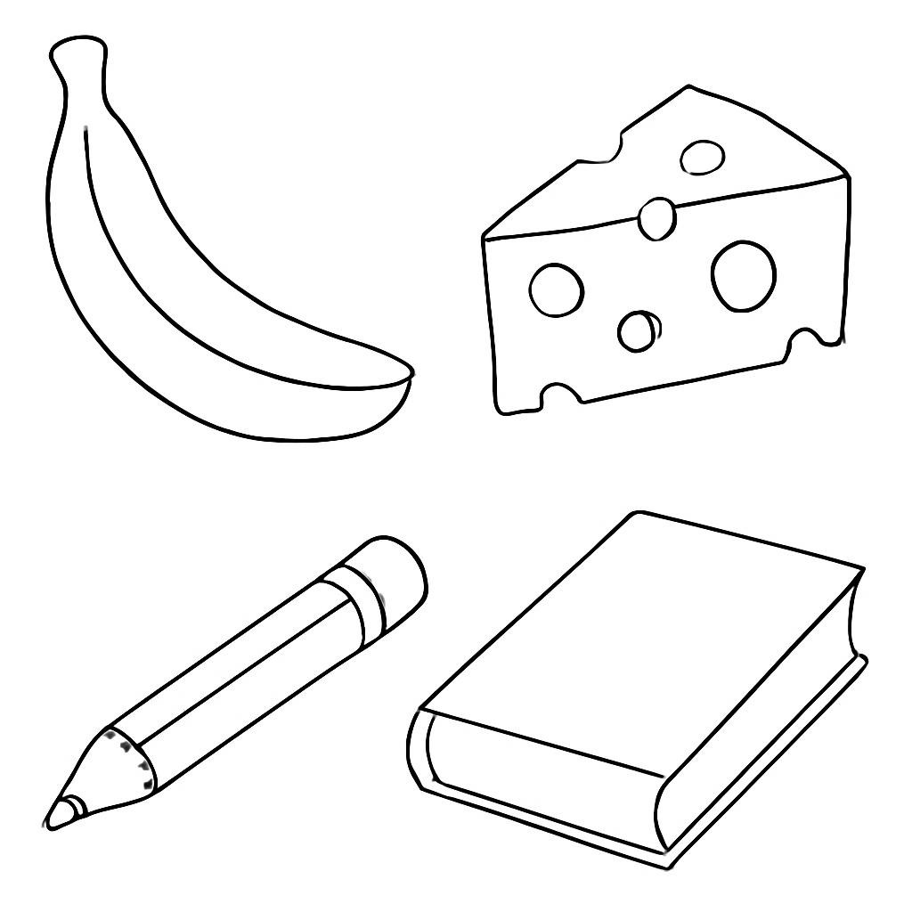 Контурные рисунки банана, сыра, карандаша и книжки.
