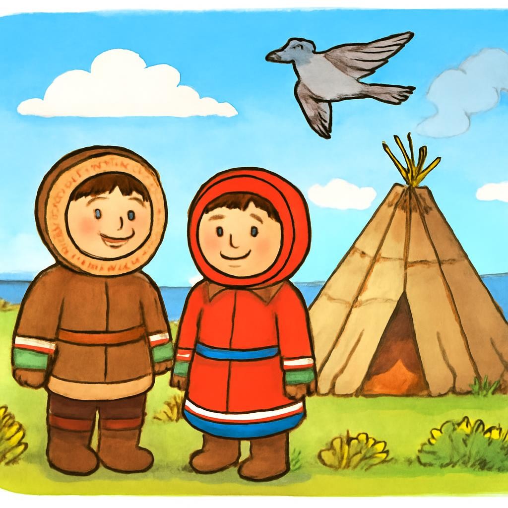 Северный пейзаж с жилищем, детьми и летящей птицей