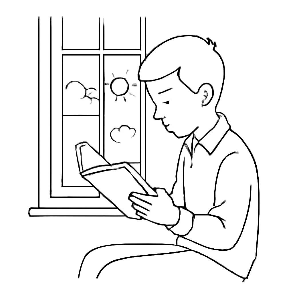 Контурная сцена с мальчиком, который читает книгу у окна при дневном свете.