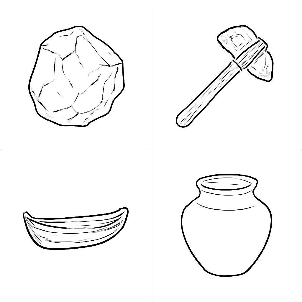 Контурная сетка из четырёх предметов: кусочек янтаря, каменный топор, лодка и глиняный горшок.
